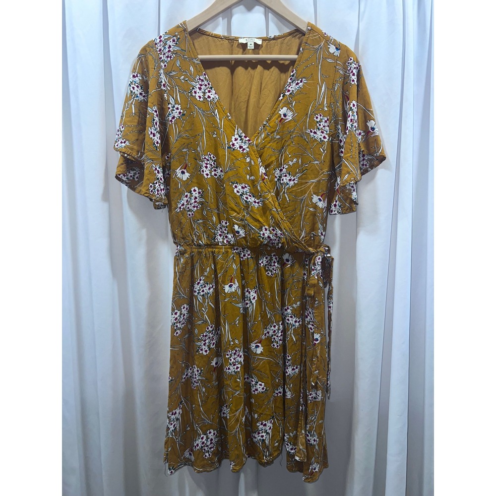 Kori America Mustard Yellow Floral Wrap Dress Flutter Sleeve V-Neck M